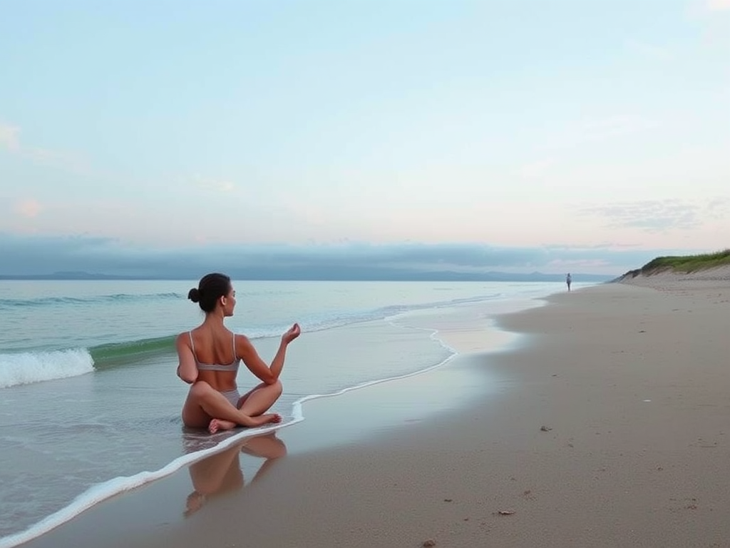 Een persoon mediteert op een rustige strand.