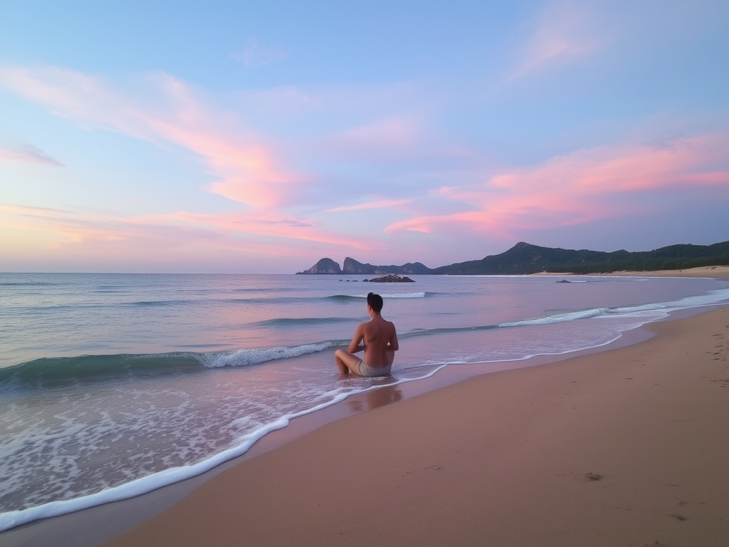 Een persoon mediteert op een rustige strand bij zonsondergang.