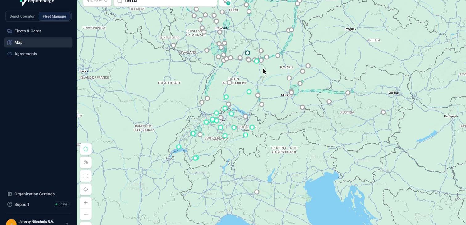 Depotcharge-platform: kaart van laadlocaties in Zwitserland, Zuid-Duitsland en Oostenrijk