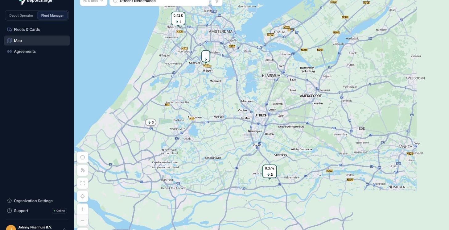 Depotcharge-platform: kaart met laadlocaties en de laadprijs per kWh per locatie