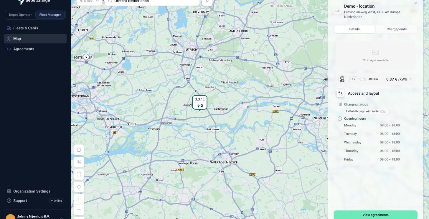 Depotcharge-platform: detail van een locatie met tarief, vermogen, laadpunten en openingstijden