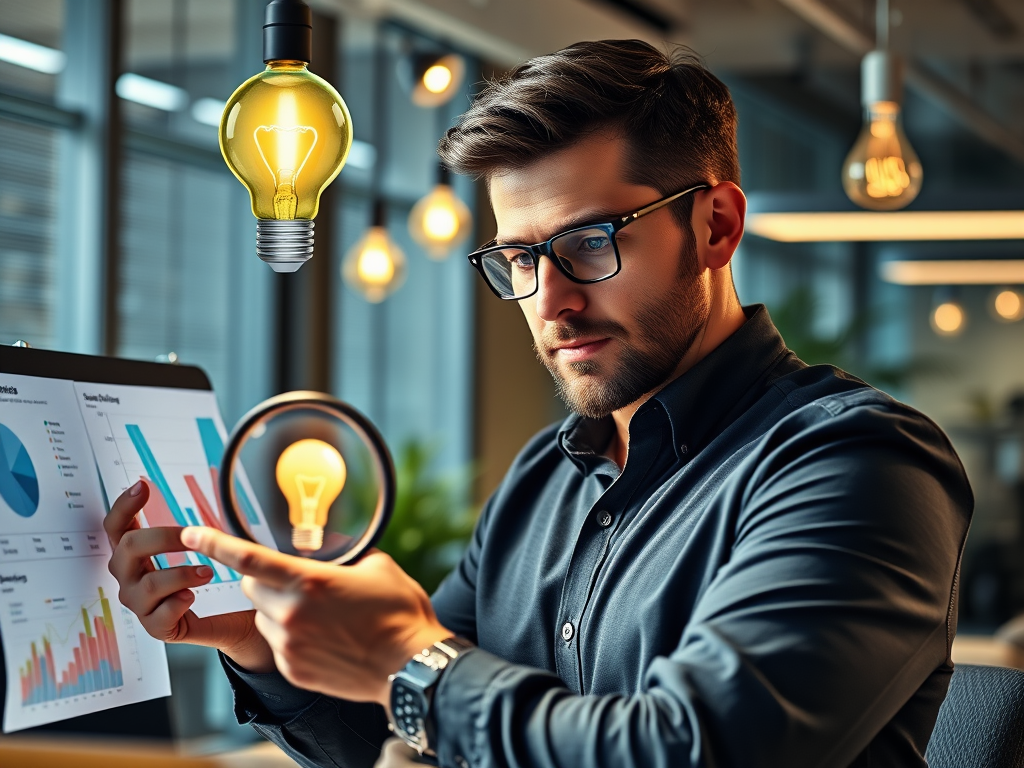 "a confident businessperson" "analyzing charts and data" "glowing lightbulbs symbolizing ideas" "magnifying glass highlighting growth opportunities" "modern office environment" "calm, focused atmosphere"