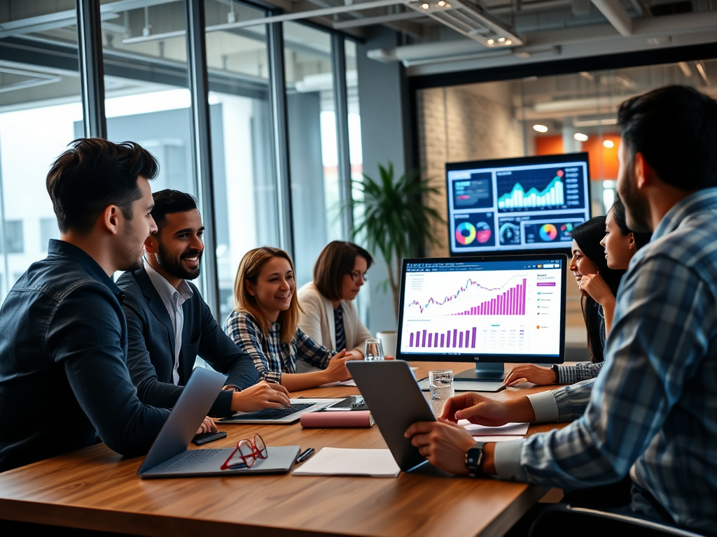 "three-day business growth workshop" "modern office setting" "entrepreneur analyzing data on laptop" "charts and graphs glowing on screen" "diverse team discussing strategy around table" "bright, optimistic atmosphere"