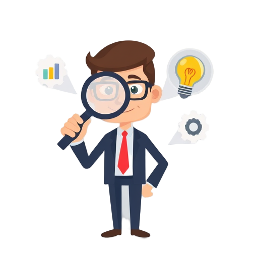 "business person" "magnifying glass" "gear" "bar chart" "light bulb"