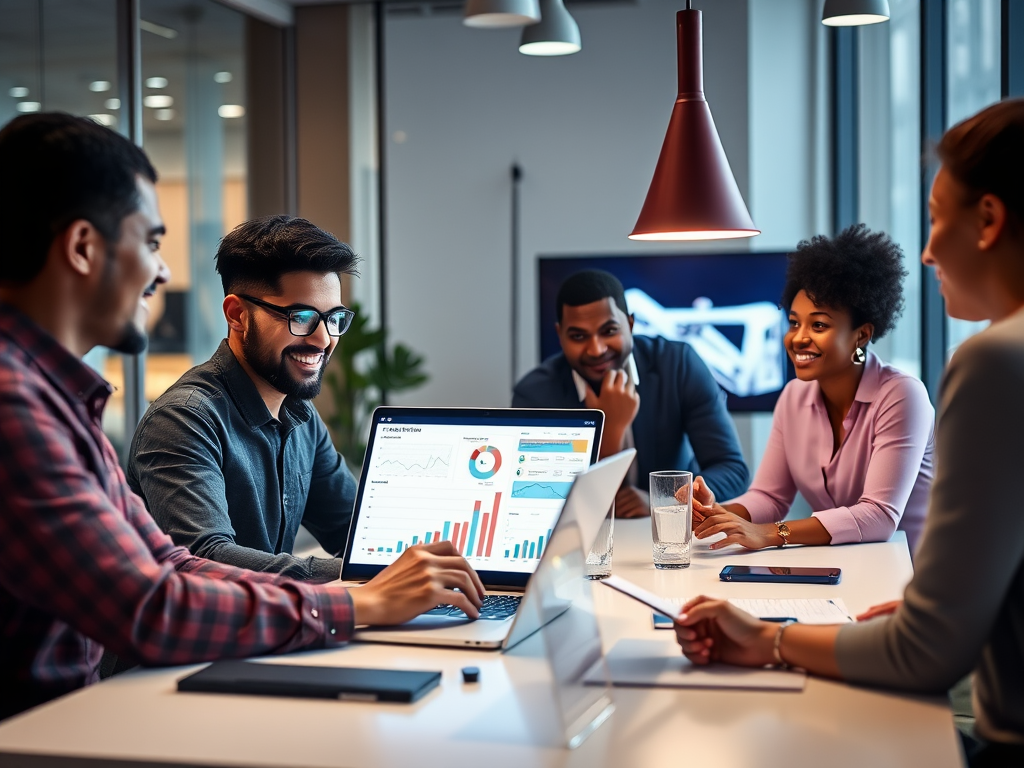 "three-day business growth workshop" "modern office setting" "entrepreneur analyzing data on laptop" "charts and graphs glowing on screen" "diverse team discussing strategy around table" "bright, optimistic atmosphere"