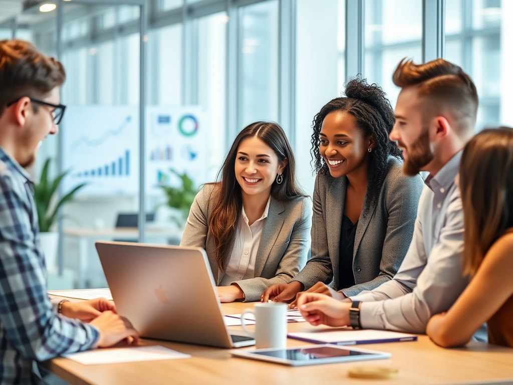 "three-day business growth workshop" "modern office setting" "entrepreneur analyzing data on laptop" "charts and graphs glowing on screen" "diverse team discussing strategy around table" "bright, optimistic atmosphere"