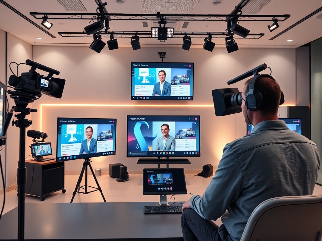 "A sleek webinar studio setup with multiple cameras, vivid branded visuals, interactive tool overlays, live chat on screen, and a calm technician guiding a presenter in a modern, softly lit studio." You MAY only use up to 25 words.