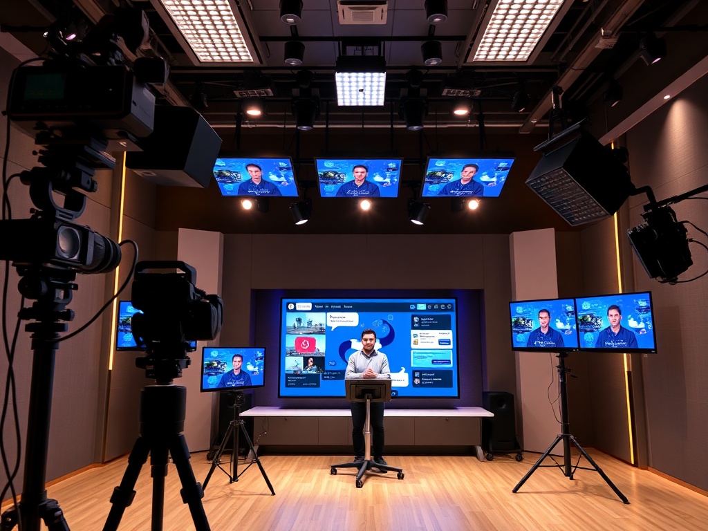 "A sleek webinar studio setup with multiple cameras, vivid branded visuals, interactive tool overlays, live chat on screen, and a calm technician guiding a presenter in a modern, softly lit studio." You MAY only use up to 25 words.