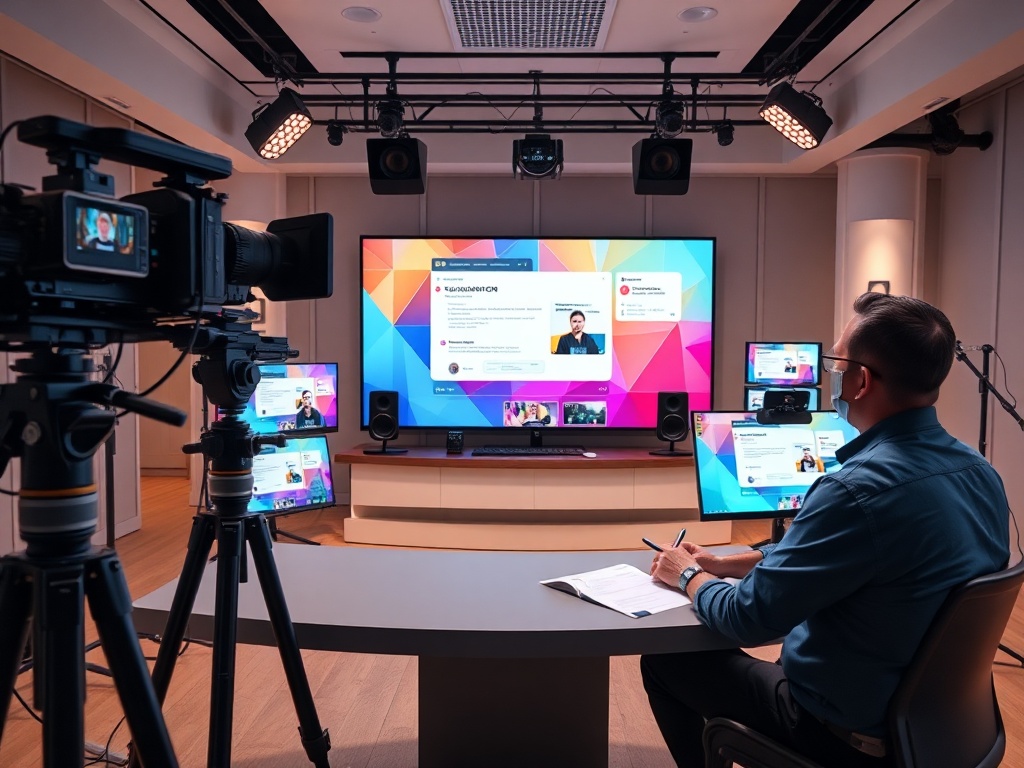"A sleek webinar studio setup with multiple cameras, vivid branded visuals, interactive tool overlays, live chat on screen, and a calm technician guiding a presenter in a modern, softly lit studio." You MAY only use up to 25 words.