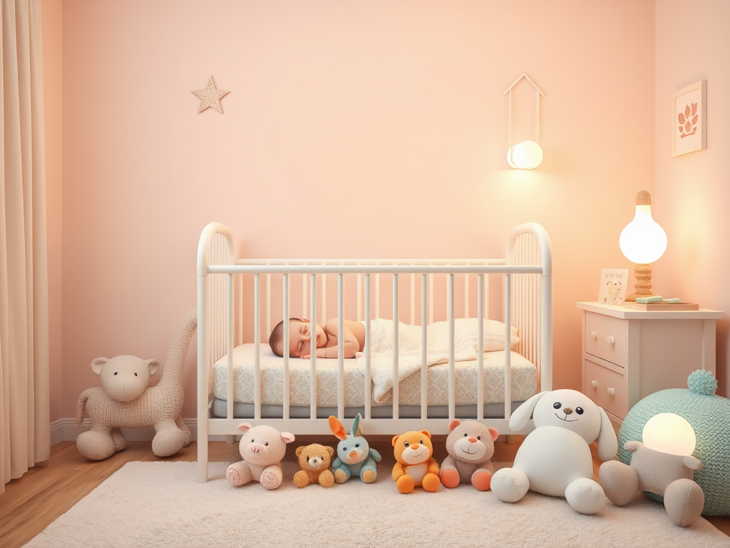 Een rustige babykamer met een slapende baby en knuffels.