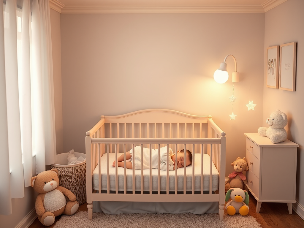 Een serene kinderkamer met een slapende baby en knuffels.