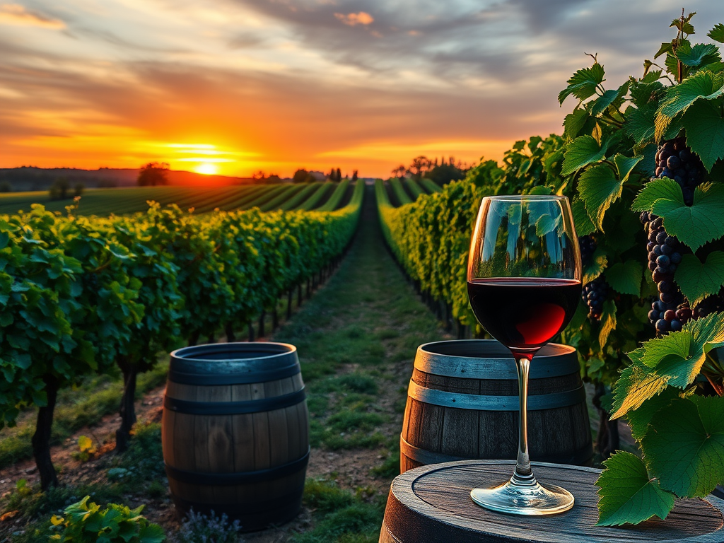 Een schilderachtige wijngaard bij zonsondergang met een glas rode wijn.