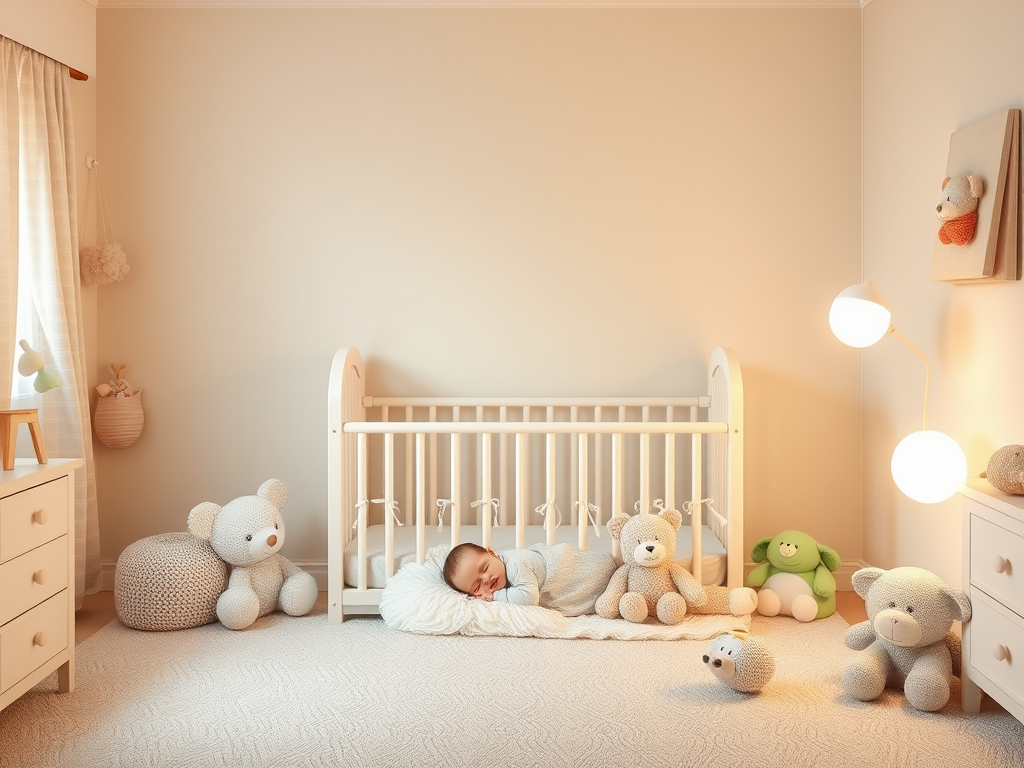 Een rustige babykamer met een slapende baby en knuffels.