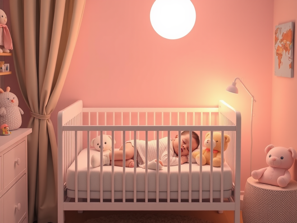 Een rustige kinderkamer met een slapende baby en knuffels.