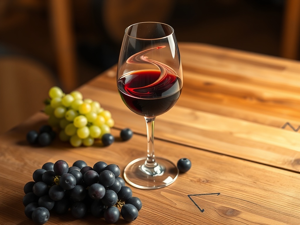 A cozy wooden table with a tasting glass, swirling wine, scattered grapes, subtle map-like arrows of steps, soft cellar light.