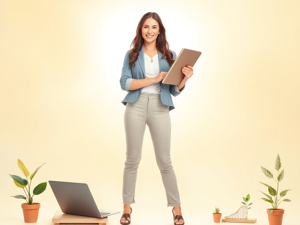 "confident woman standing tall" "bright light surrounding her" "tools like a notebook and laptop" "uplifting, vibrant background" "symbols of growth like plants or arrows"
