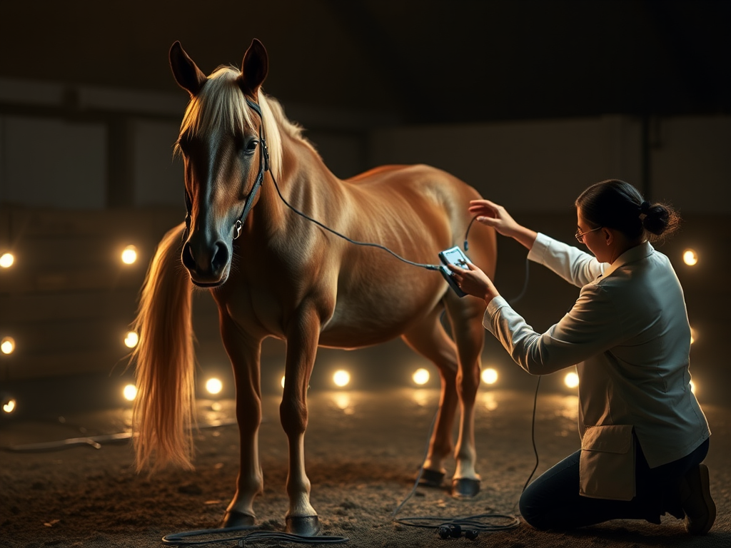 Een paard staat rustig terwijl een practitioner elektroden plaatst.