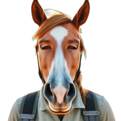 Een persoon met een paardenmasker die naar de camera kijkt.