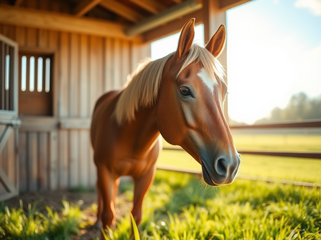 Een rustig paard in een serene stal met zacht licht.