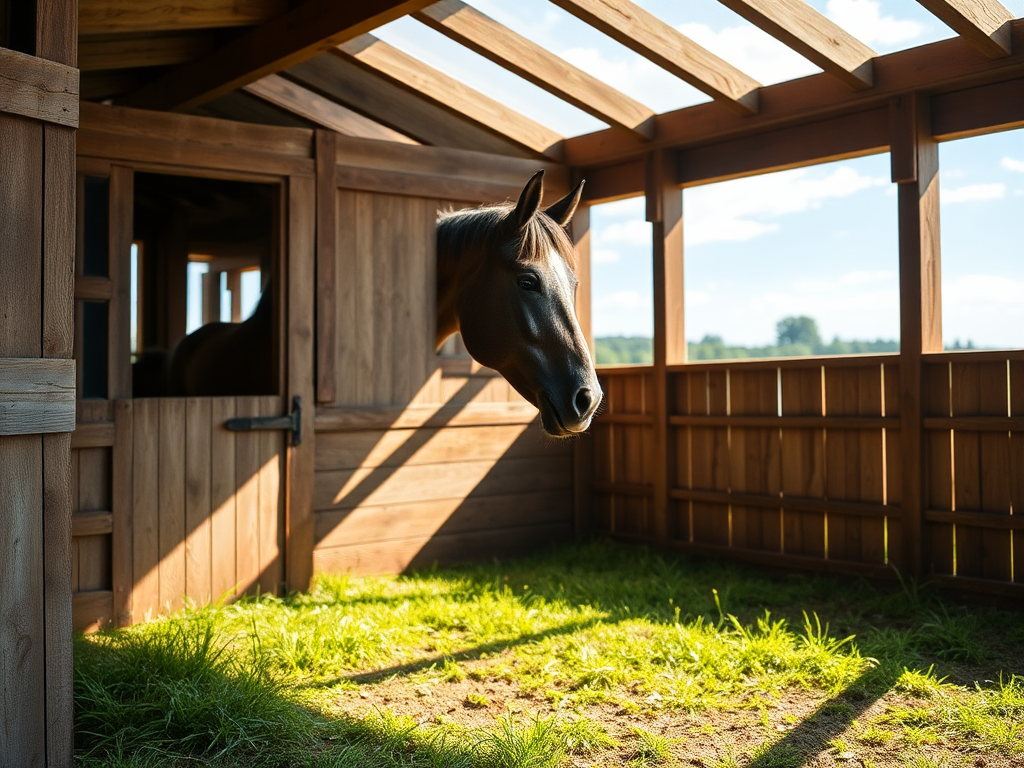 Een rustig paard in een houten stal met zonlicht.