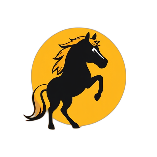Zwart paard silhouet met een gele achtergrond.