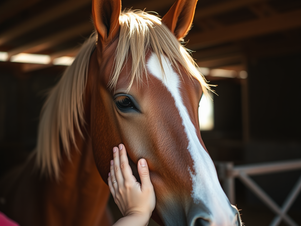 "gentle hands" "softly touching a calm horse's head" "sunlit stable" "peaceful equine expression" "subtle light beams" "natural, serene atmosphere"