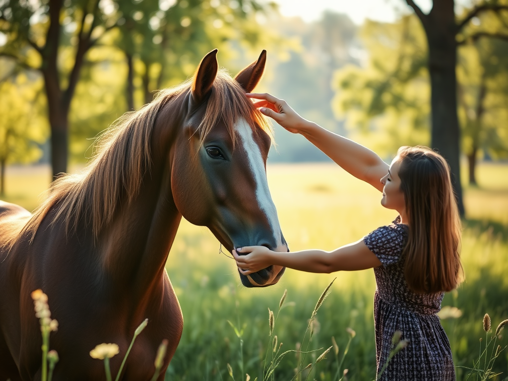 A serene horse in a sunlit meadow, gentle hands softly touching its head, calming light filtering through trees, peaceful connection and healing energy surrounding them.