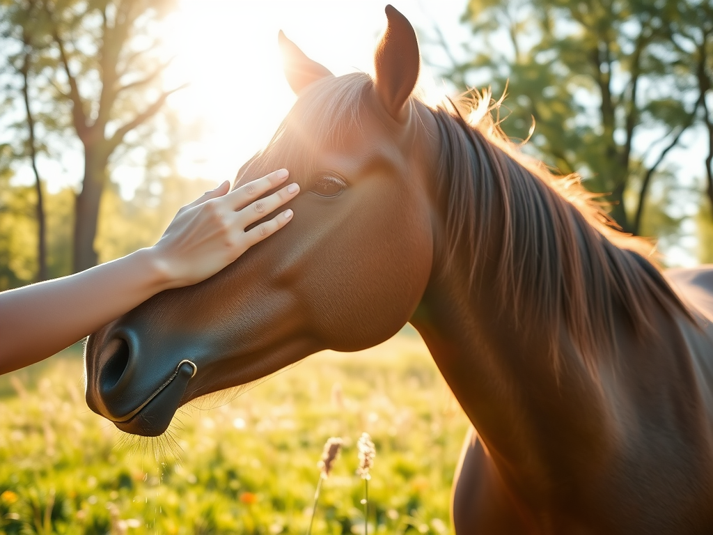 A serene horse in a sunlit meadow, gentle hands softly touching its head, calming light filtering through trees, peaceful connection and healing energy surrounding them.
