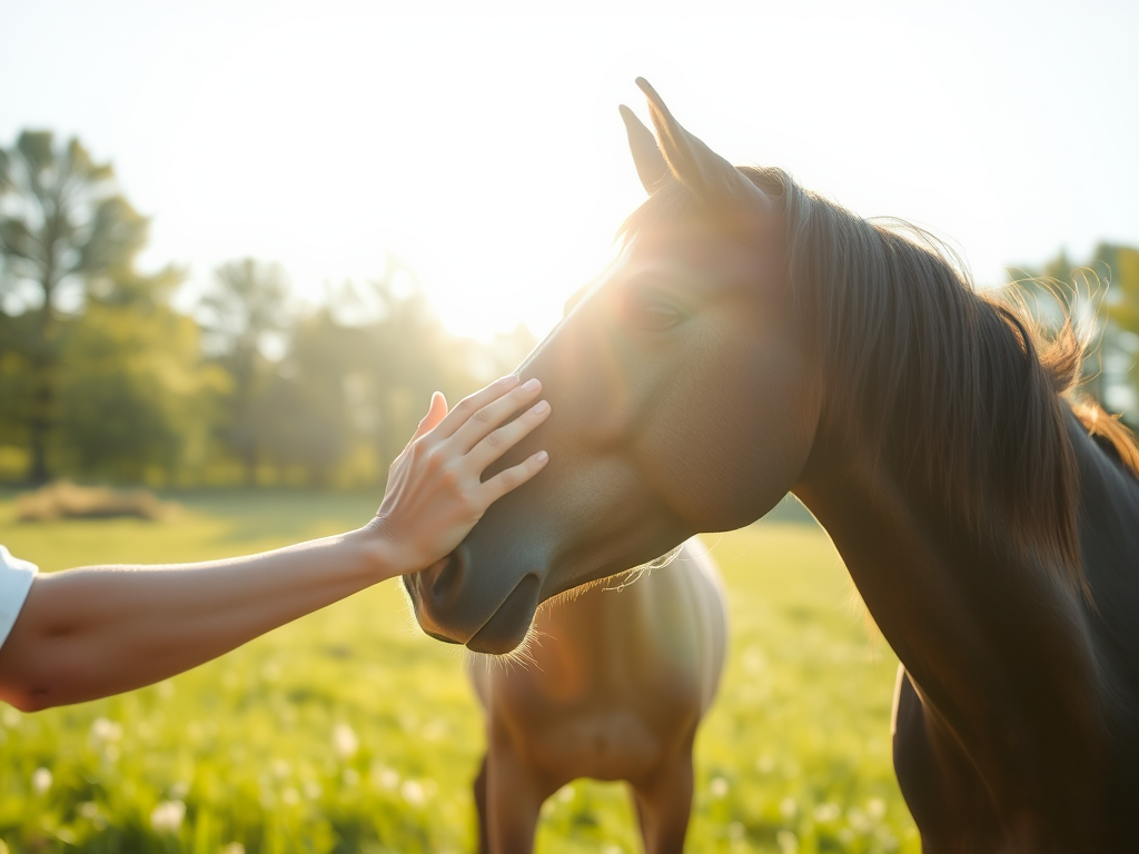A serene horse in a sunlit meadow, gentle hands softly touching its head, calming light filtering through trees, peaceful connection and healing energy surrounding them.