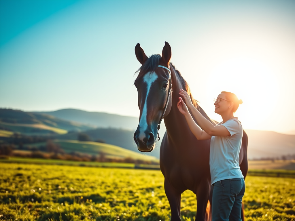 A serene countryside scene with "a calm horse standing in a sunlit green meadow," "a gentle therapist using soft craniosacral techniques on the horse," "soft glowing light emphasizing peace and relaxation," "background of rolling hills and clear blue sky.