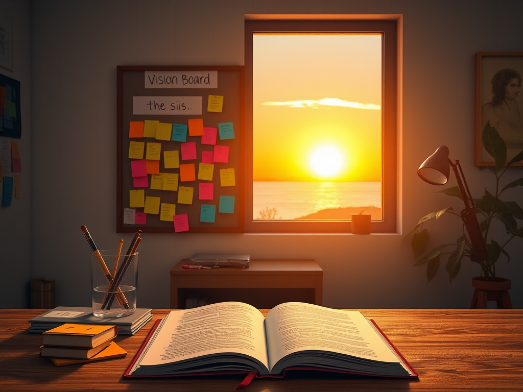 Een rustige werkplek met een vision board en opkomende zon.