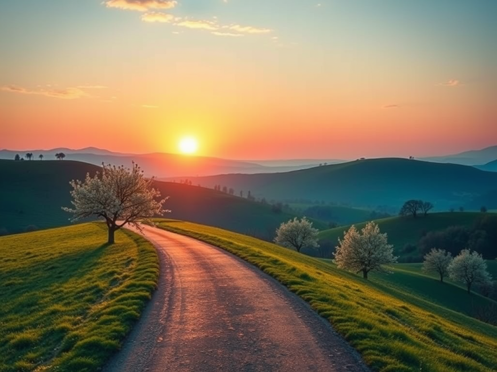 Een kronkelige weg naar een kleurrijke zonsopgang.
