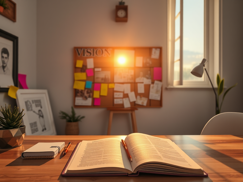 Een serene werkplek met een vision board en zonlicht.