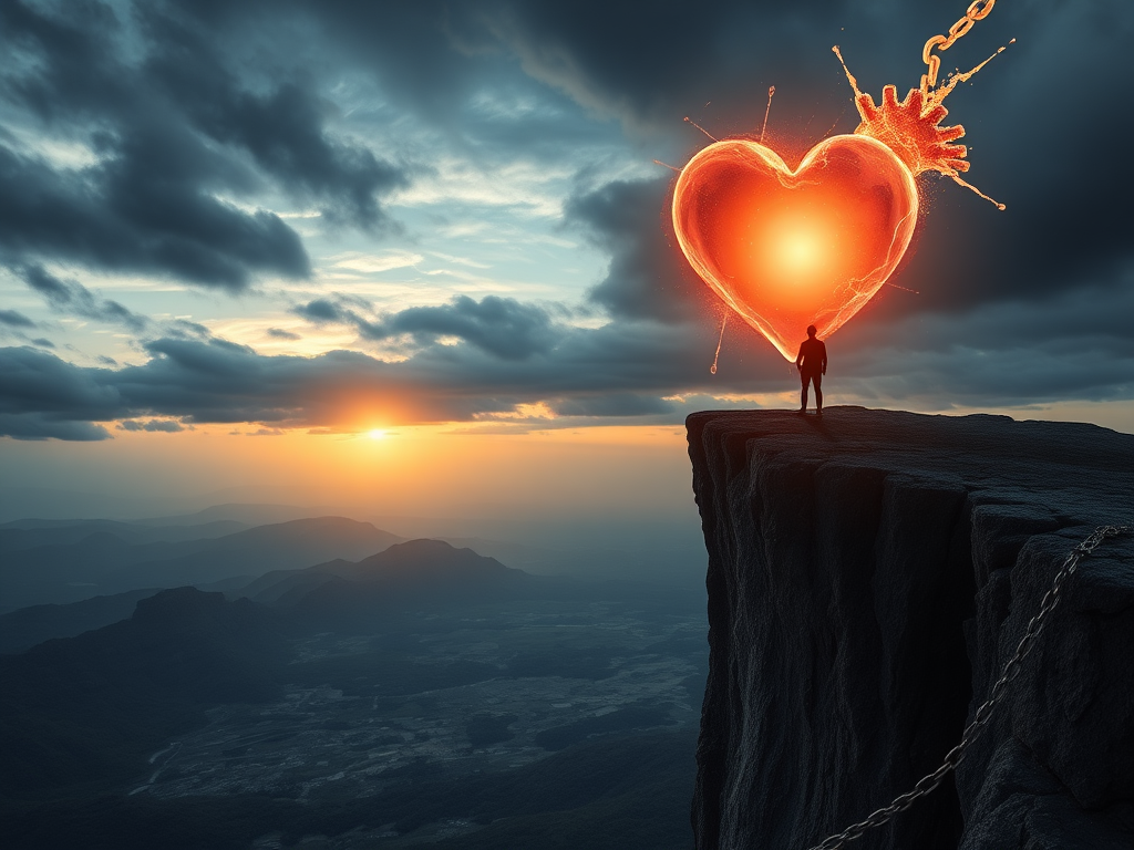"a lone figure standing at a cliff edge" "stormy sky with breaking dawn light" "symbolic heart glowing warmly" "shattered chains falling" "vast open landscape evoking freedom and transformation"
