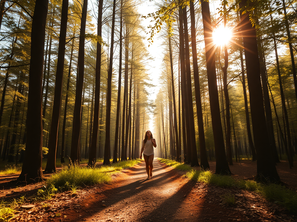 "a serene forest path" "soft golden sunlight filtering through tall trees" "a peaceful figure walking barefoot, eyes closed" "gentle breeze moving leaves" "an aura of calm and inner strength"