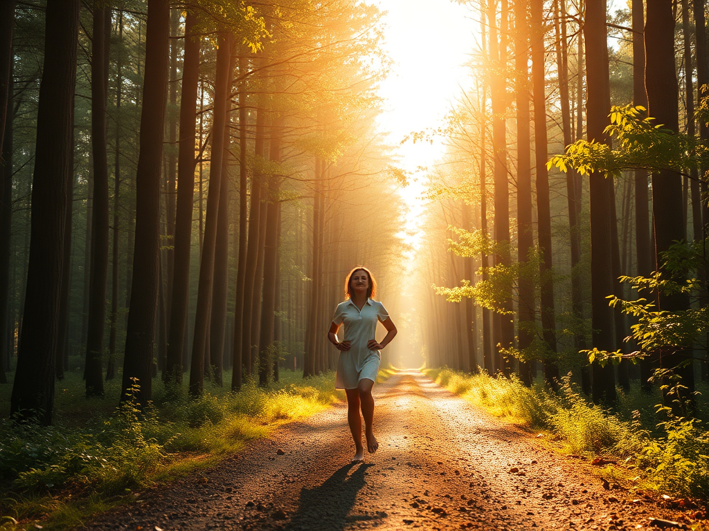 "a serene forest path" "soft golden sunlight filtering through tall trees" "a peaceful figure walking barefoot, eyes closed" "gentle breeze moving leaves" "an aura of calm and inner strength"