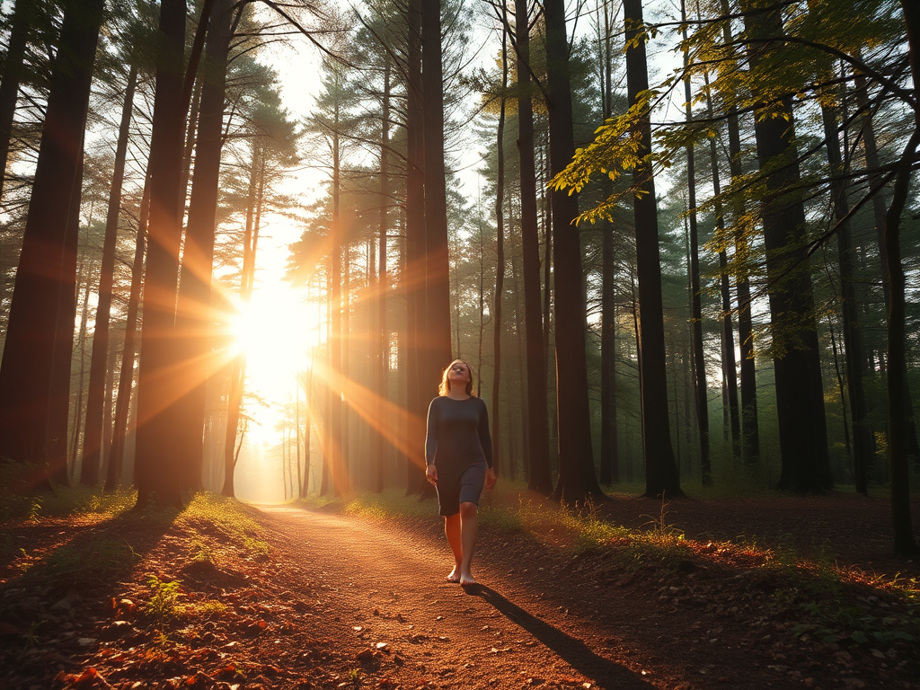 "a serene forest path" "soft golden sunlight filtering through tall trees" "a peaceful figure walking barefoot, eyes closed" "gentle breeze moving leaves" "an aura of calm and inner strength"