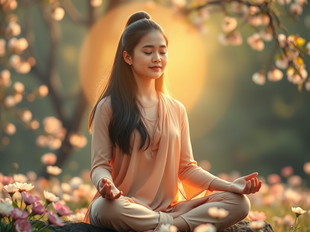 A serene person meditating "soft glowing light around them" "nature background with blooming flowers" "gentle warm color palette" "peaceful, introspective atmosphere"