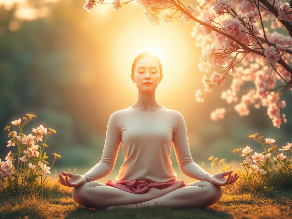 A serene person meditating "soft glowing light around them" "nature background with blooming flowers" "gentle warm color palette" "peaceful, introspective atmosphere"