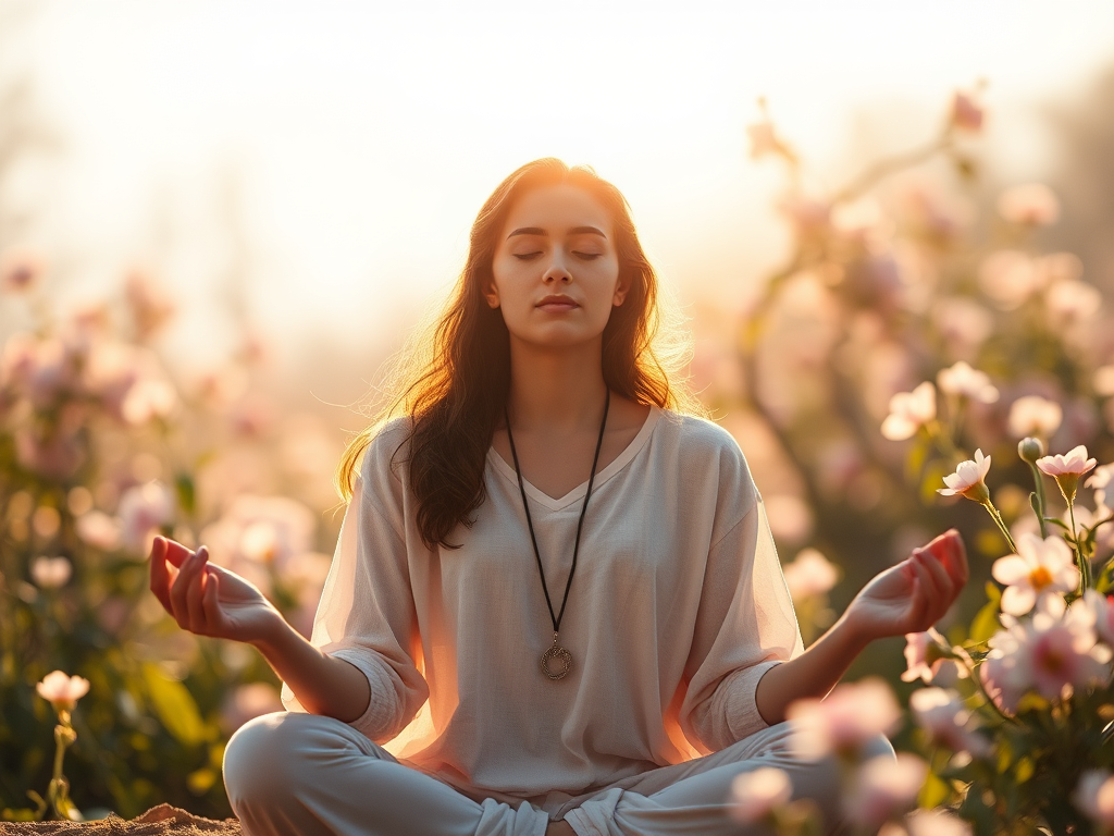 A serene person meditating "soft glowing light around them" "nature background with blooming flowers" "gentle warm color palette" "peaceful, introspective atmosphere"