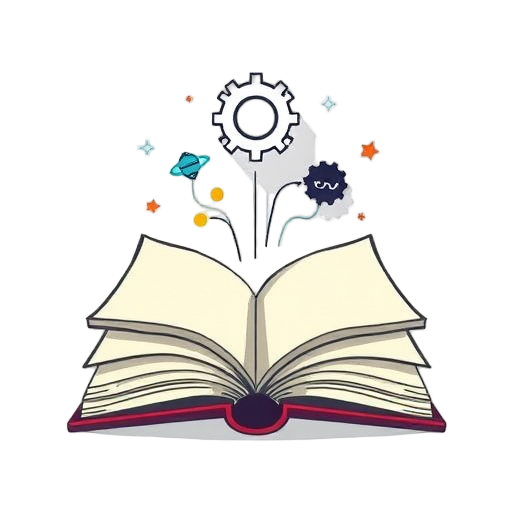 Open boek met symbolen en gear die uit de pagina's komen