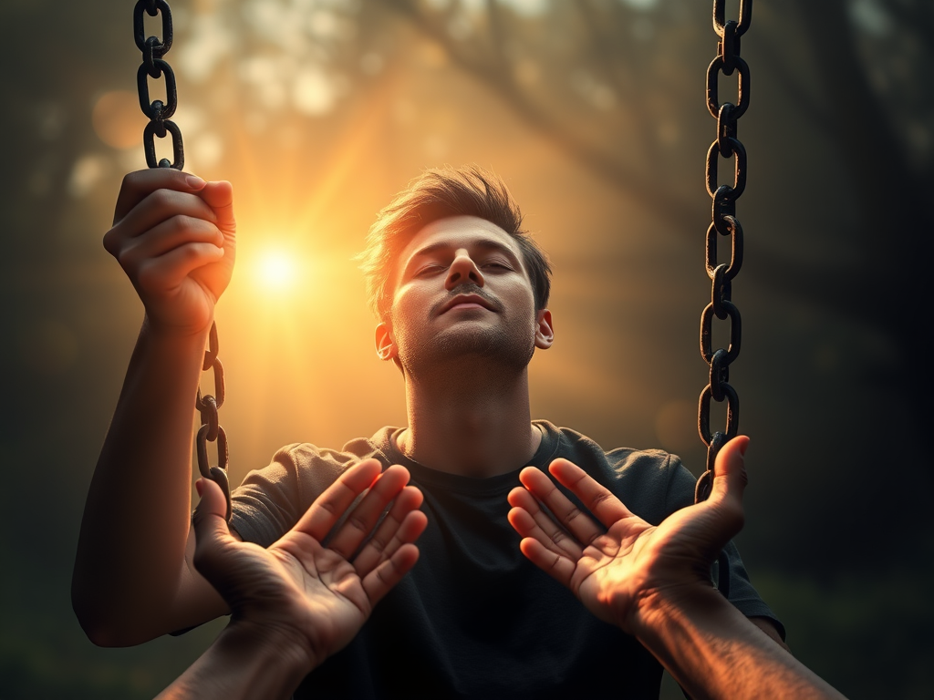 A serene, supportive scene showing "a person breaking free from shadowy chains," "soft glowing light symbolizing insight," "subtle, warm colors," "gentle hands offering help," "calm, confident facial expression," "peaceful natural background."