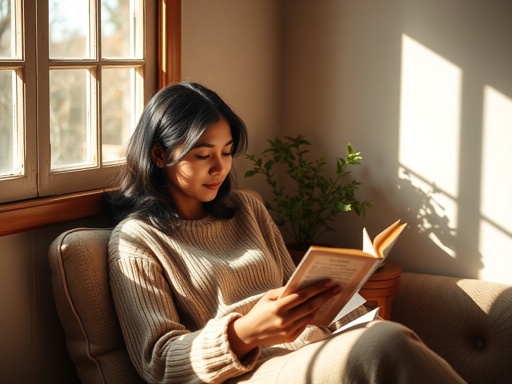 A serene, cozy room with soft natural light, a person peacefully reading a small guidebook, calm expressions, warm earthy tones, gentle shadows.