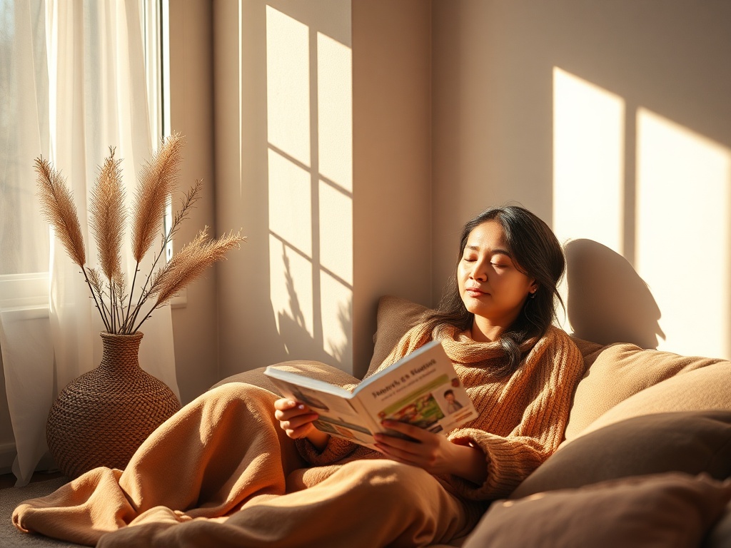 A serene, cozy room with soft natural light, a person peacefully reading a small guidebook, calm expressions, warm earthy tones, gentle shadows.