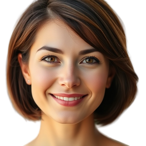 A confident woman smiling gently with soft lighting and a blurred natural background looking like