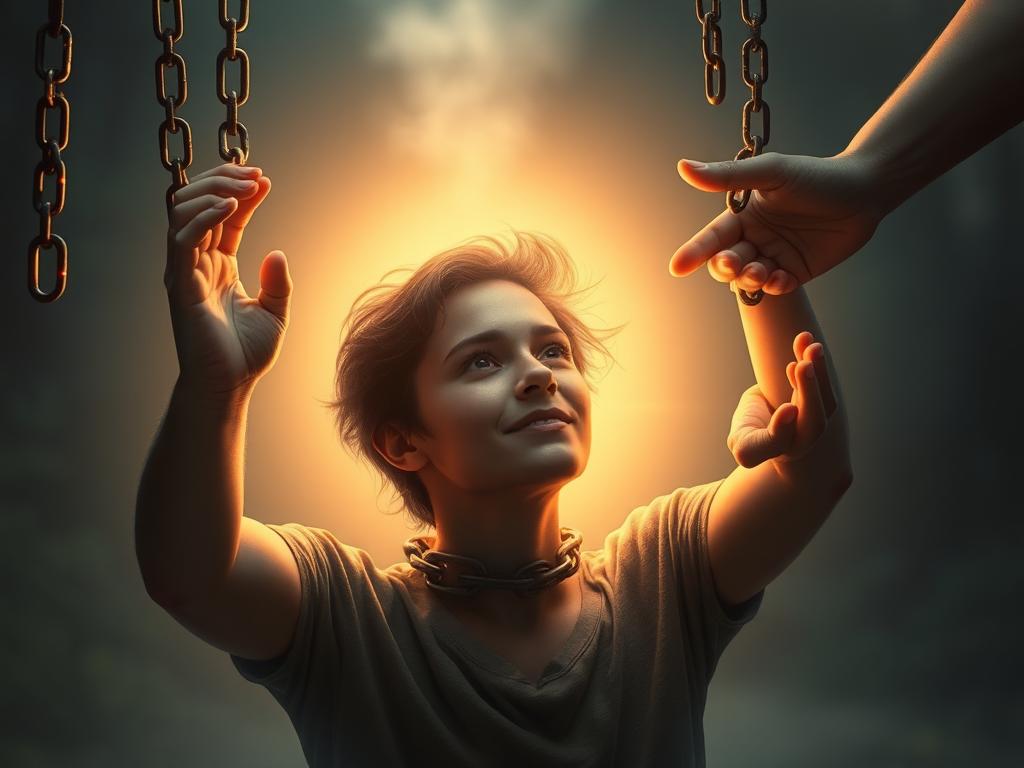 A serene, supportive scene showing "a person breaking free from shadowy chains," "soft glowing light symbolizing insight," "subtle, warm colors," "gentle hands offering help," "calm, confident facial expression," "peaceful natural background."