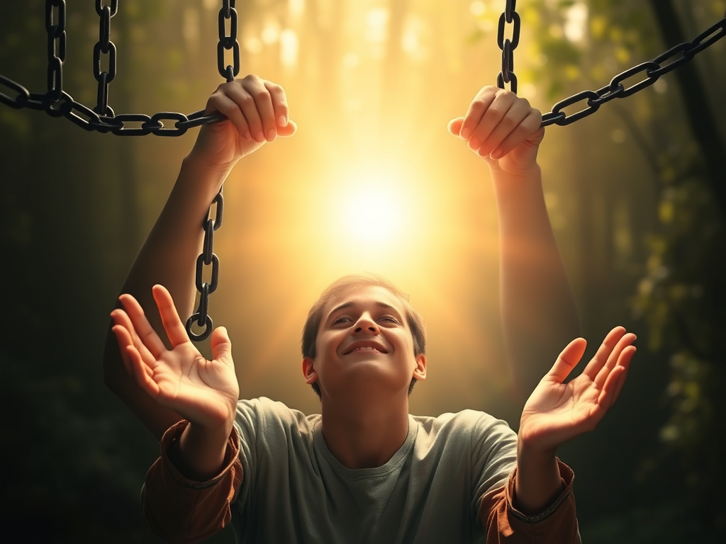 A serene, supportive scene showing "a person breaking free from shadowy chains," "soft glowing light symbolizing insight," "subtle, warm colors," "gentle hands offering help," "calm, confident facial expression," "peaceful natural background."