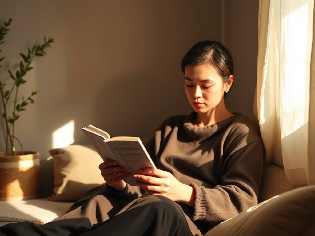 A serene, cozy room with soft natural light, a person peacefully reading a small guidebook, calm expressions, warm earthy tones, gentle shadows.