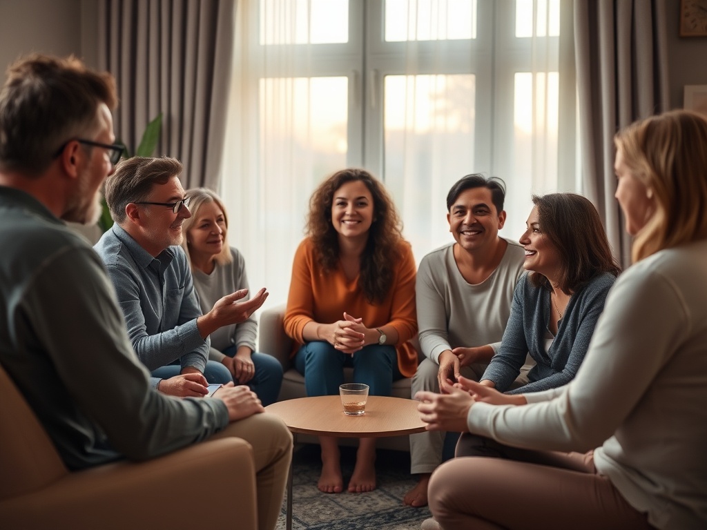 "warm therapy group circle" "soft evening light" "diverse adults sharing" "supportive gestures" "calm coach guiding" "cozy living-room setting" "muted pastel colors" "subtle depth of field"