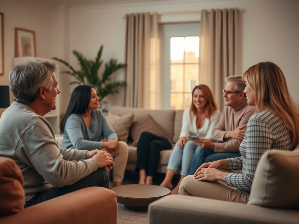 "warm therapy group circle" "soft evening light" "diverse adults sharing" "supportive gestures" "calm coach guiding" "cozy living-room setting" "muted pastel colors" "subtle depth of field"